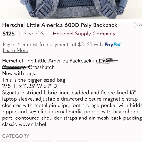 NWOT Herschel Supply Co. Classic Little America Backpack Raven Crosshatch Bak - Picture 14 of 14